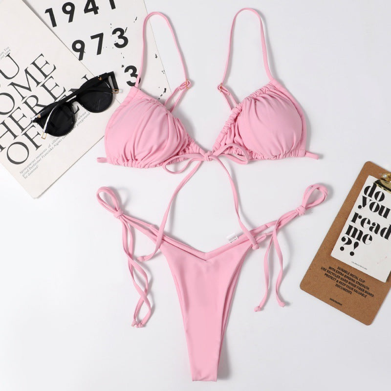 Damen Tiefer Ausschnitt Triangel-Bikini mit verspielten Bindebändern Drune