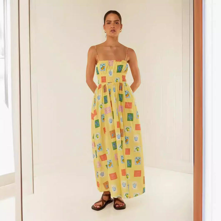 Damen Maxikleid mit elastischem Bund und verspieltem Blumenmuster Drune