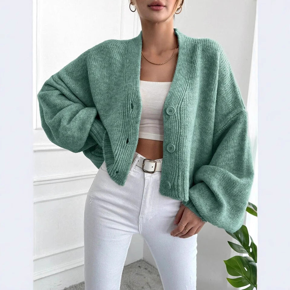Damen lässiger Grobstrickcardigan mit knöpfbarem Design und voluminösen Ärmeln Drune