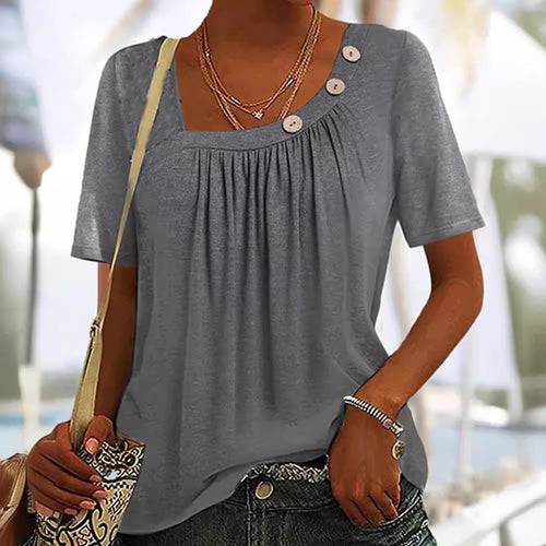 Damen nan locker sitzendes Kurzarmshirt mit quadratischem Ausschnitt, geraffter Brustpartie und Zierknopf-Detail Drune