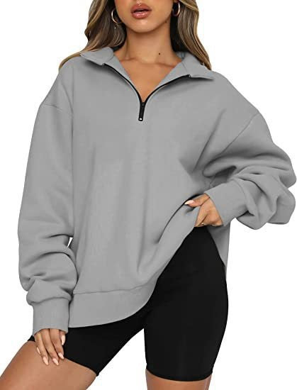 Damen nan oversized Sweatshirt mit halbem Reißverschluss, weichem Fleece-Innenfutter und Kängurutasche Drune
