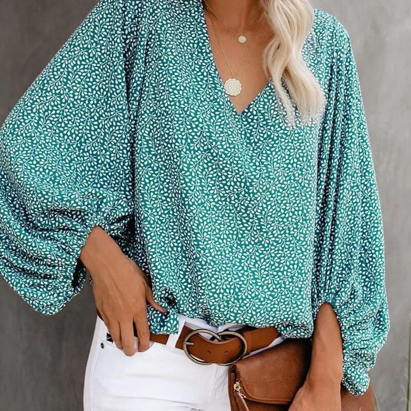 Damen Modische Bluse mit weitem Arm und V-Ausschnitt Drune