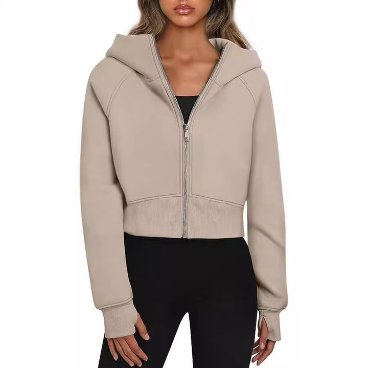 Damen Cropped Sweatjacke mit Reißverschluss und Kapuze Drune