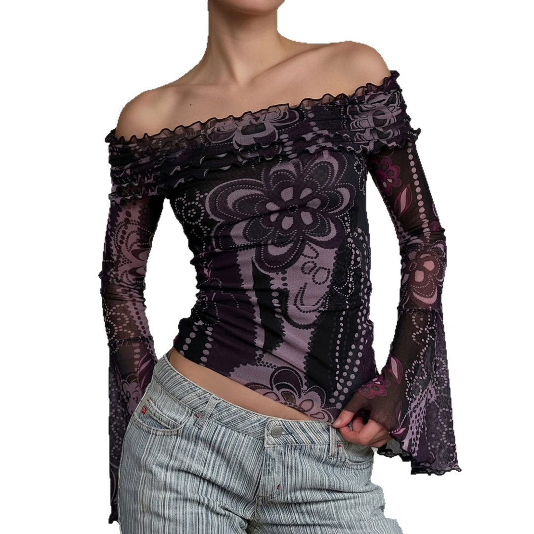 Damen Off-Shoulder Oberteil mit voluminösen Ärmeln und floralem Muster Drune