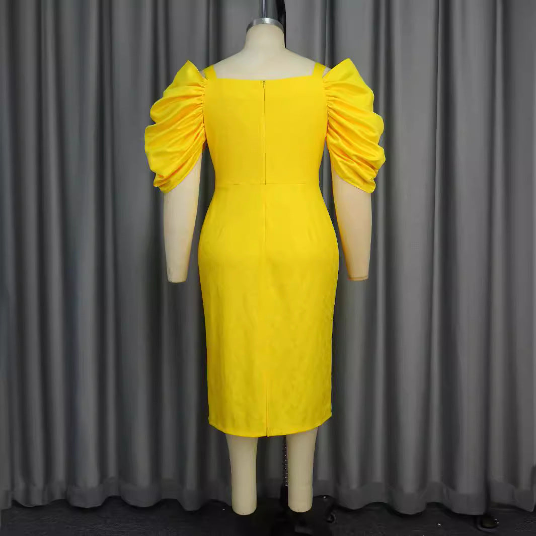 Damen figurbetontes Kleid mit voluminösen Puffärmeln und glitzerndem Gürtel Drune