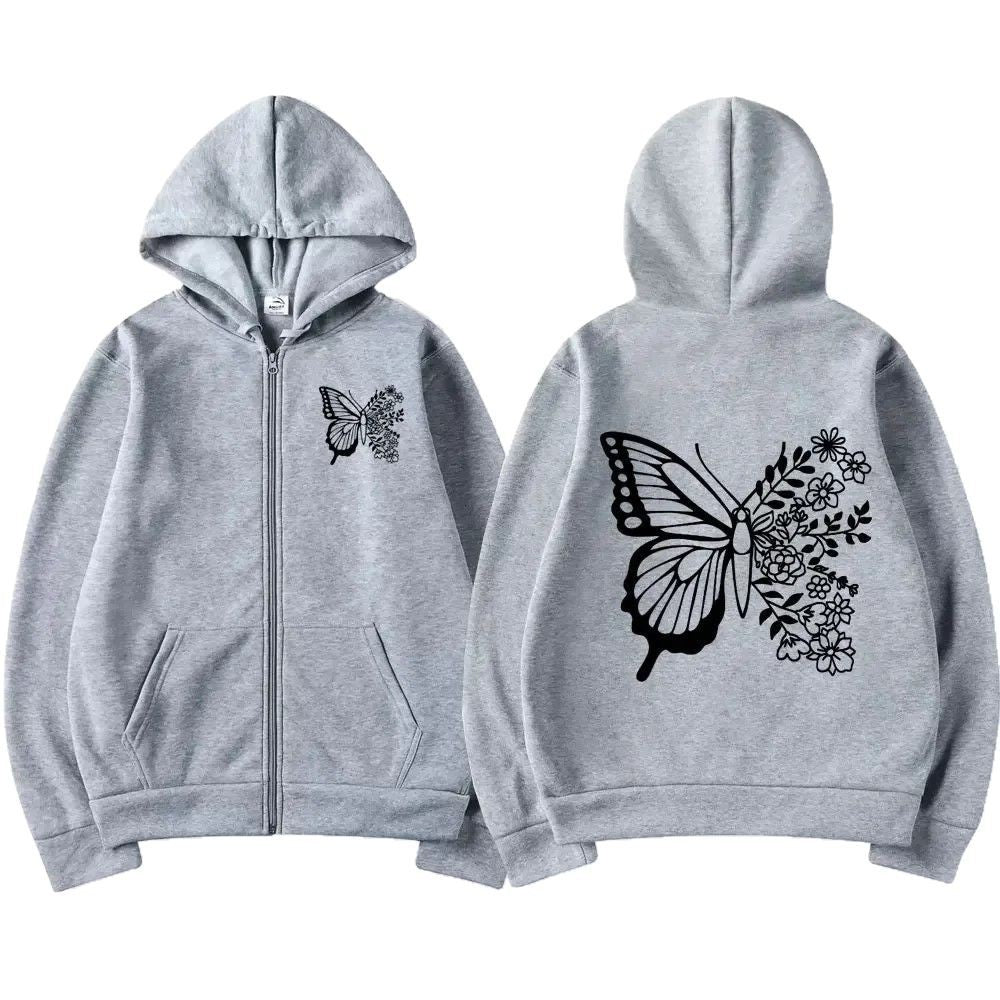 Damen Kapuzenpullover mit floralem Schmetterlingsmotiv und praktischer Kängurutasche Drune