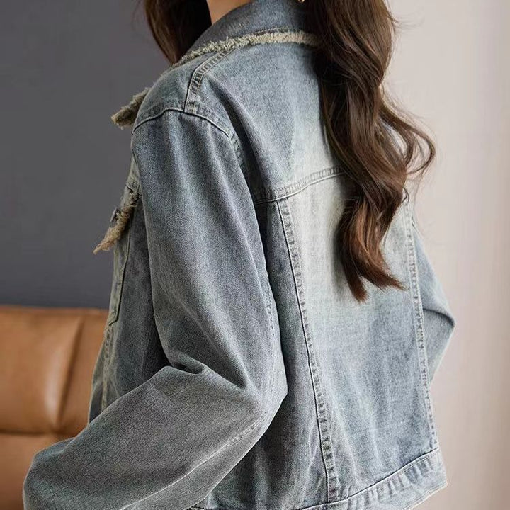 Damen lässige Denimjacke mit modischen Fransen und dekorativen Knopfdetails Drune