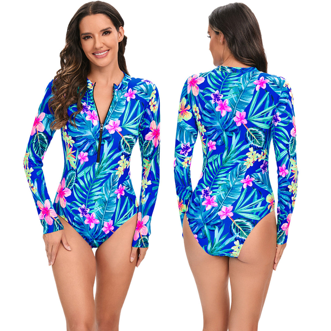 Damen Sportlicher Langarm-Badeanzug mit floralen Akzenten Drune