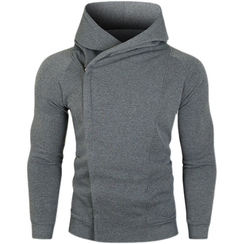 Herren nan asymmetrischer Kapuzenpullover mit Wickelkragen und verdeckter Knopfleiste, schlanke sportive Passform Drune