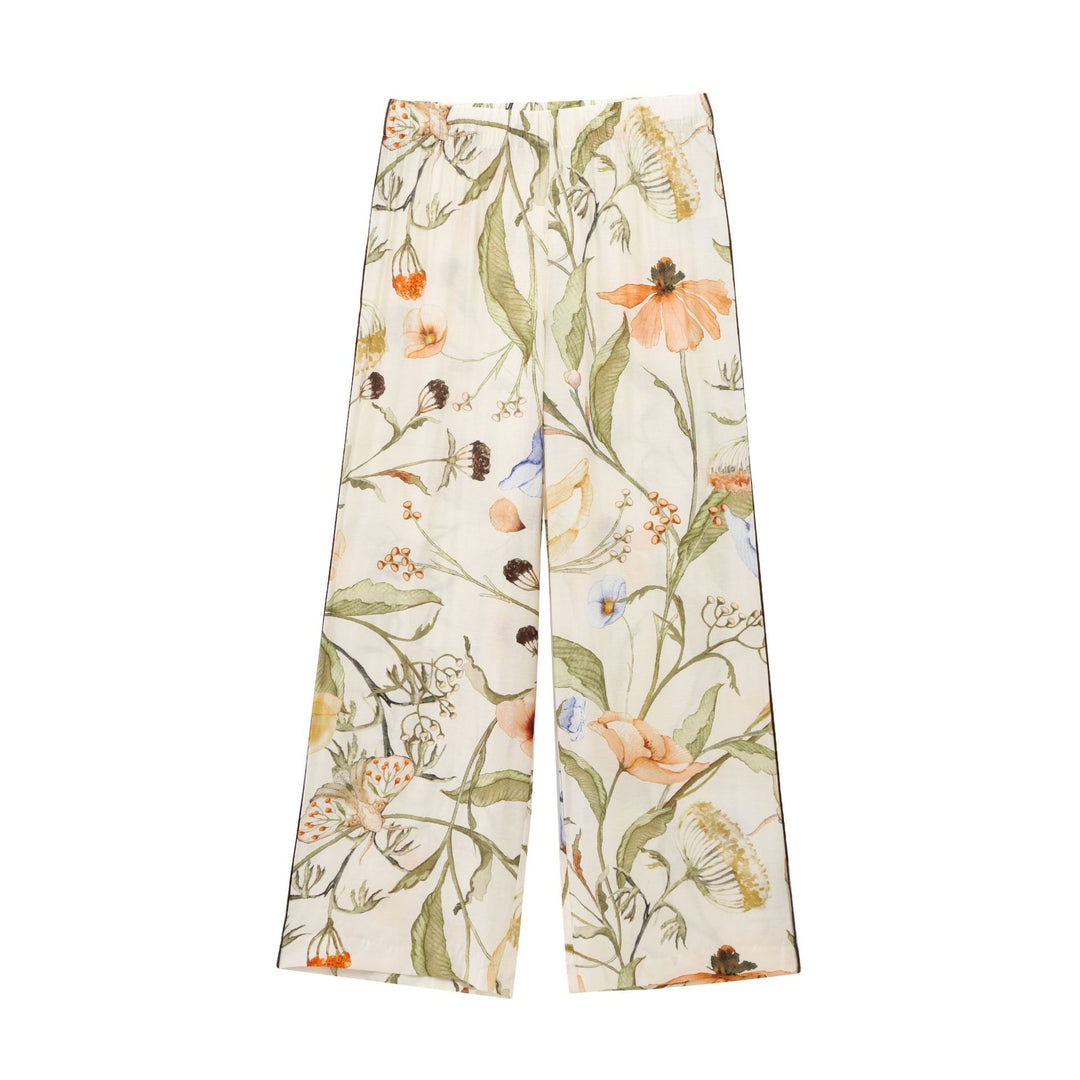 Damen nan weite Leinenhose mit hohem Bund, Palazzoschnitt und floraler Aquarell-Print Drune