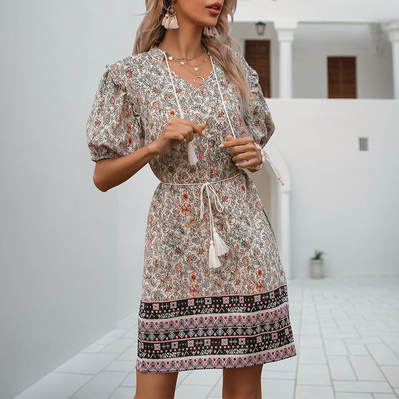 Damen Sommerkleid mit Rüschendetails und verstellbarem Taillenzug Drune