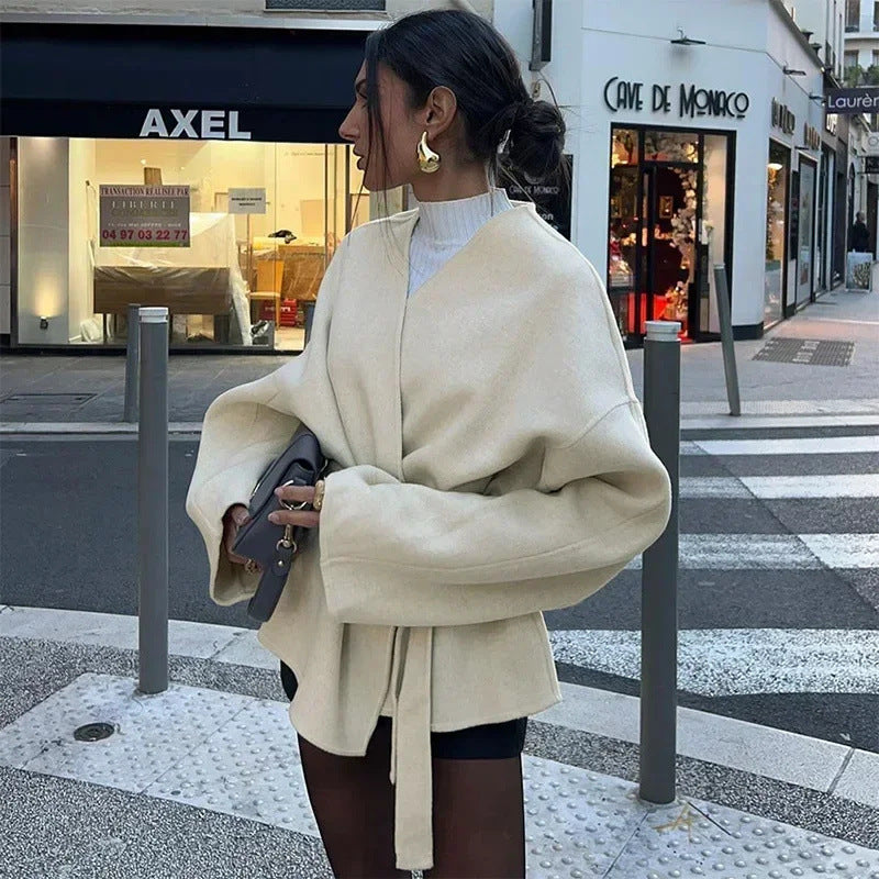 Damen elegante Wickeljacke mit Taillengürtel Drune