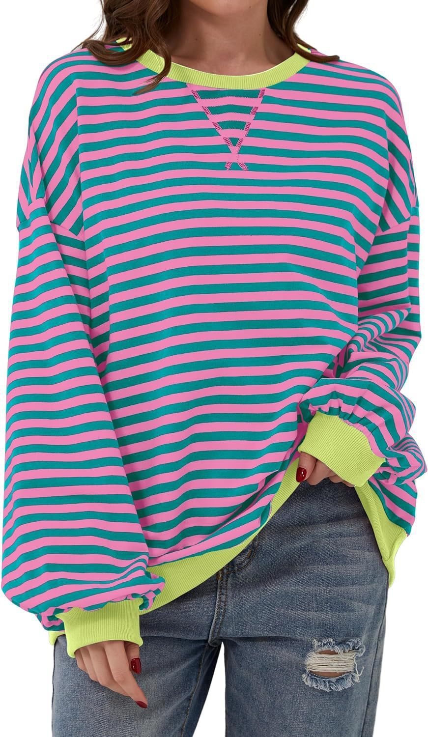 Damen Lässiger Streifenpullover mit weiten Ärmeln und Kontrastbündchen Drune