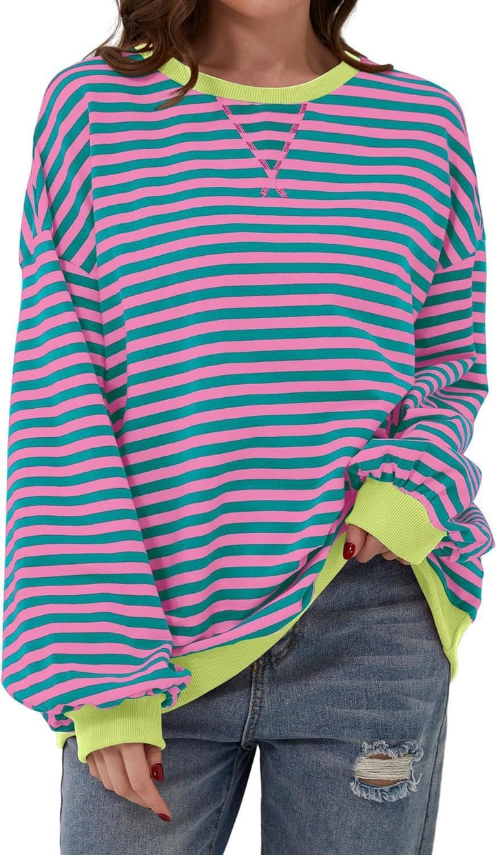 Damen Lässiger Streifenpullover mit weiten Ärmeln und Kontrastbündchen Drune
