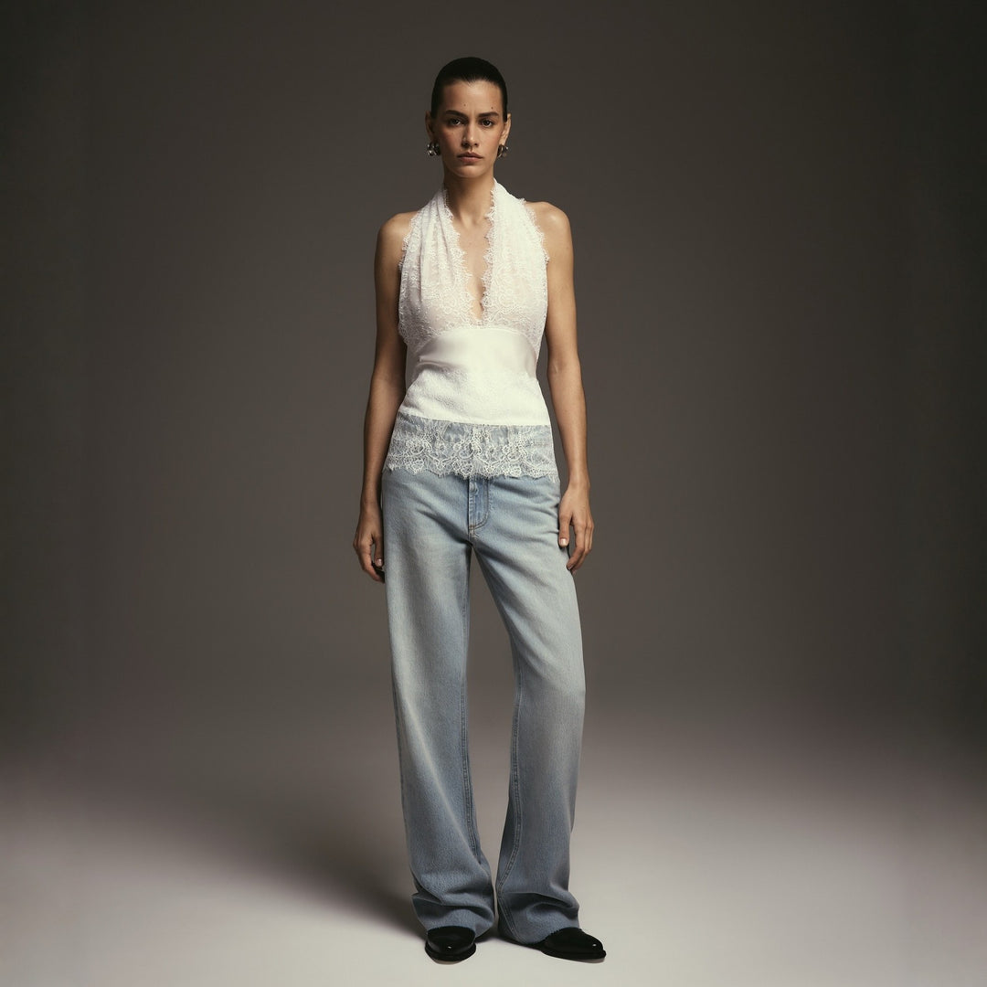 Damen Elegantes Oberteil mit Spitzendetails und tiefem V-Ausschnitt Drune