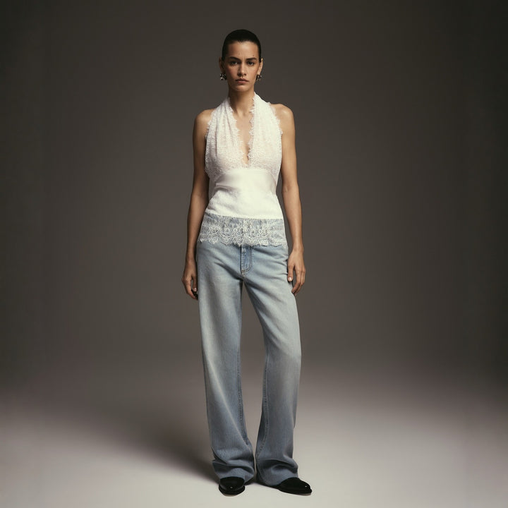 Damen Elegantes Oberteil mit Spitzendetails und tiefem V-Ausschnitt Drune