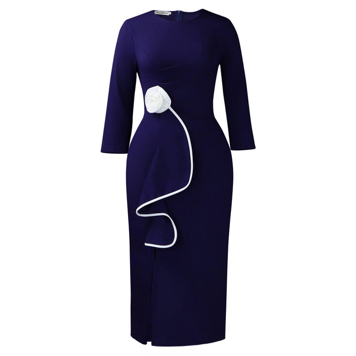 Damen Etuikleid mit eleganter Drapierung und floraler Applikation Drune