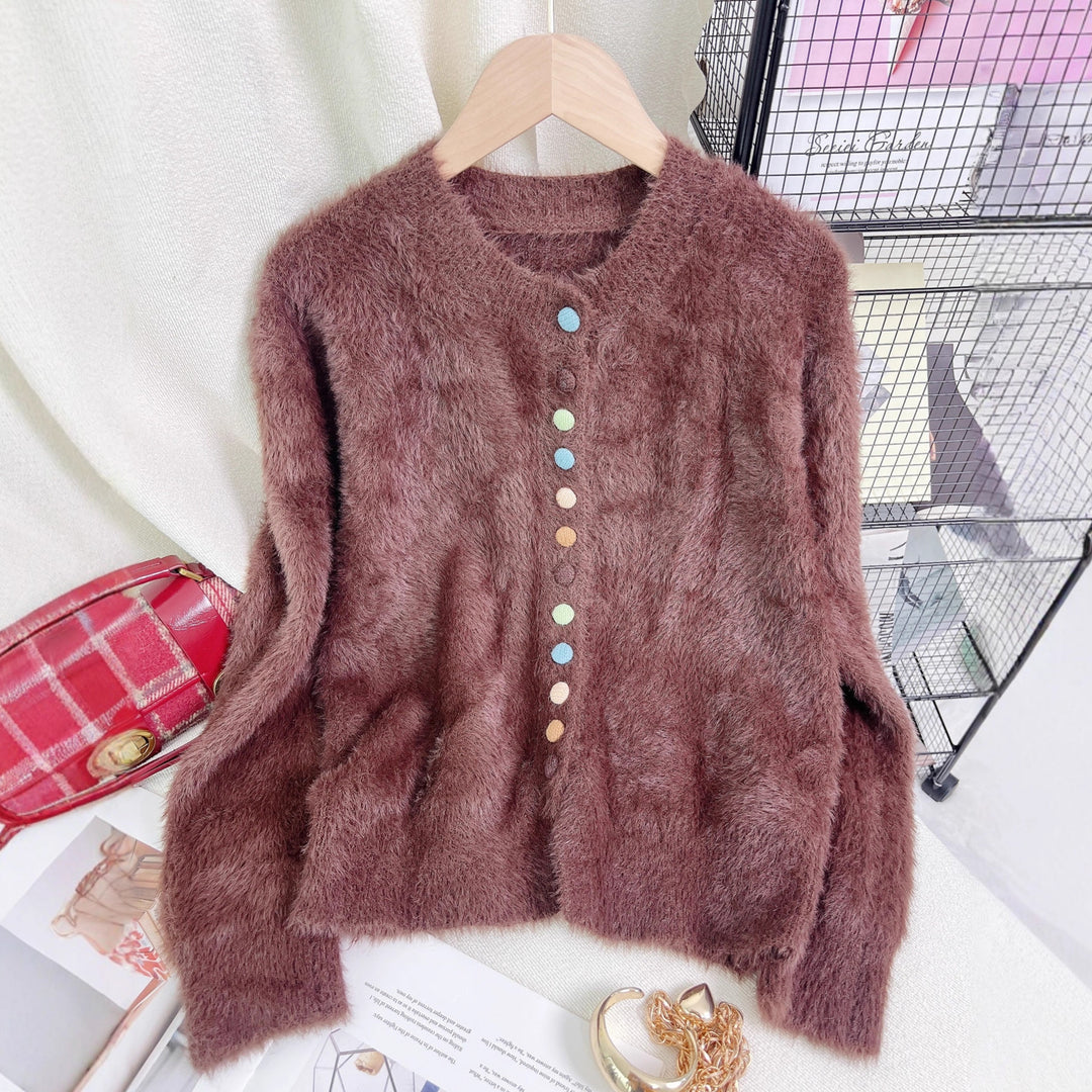 Damen flauschige Strickjacke mit bunten Knöpfen und weit geschnittenem Design Drune