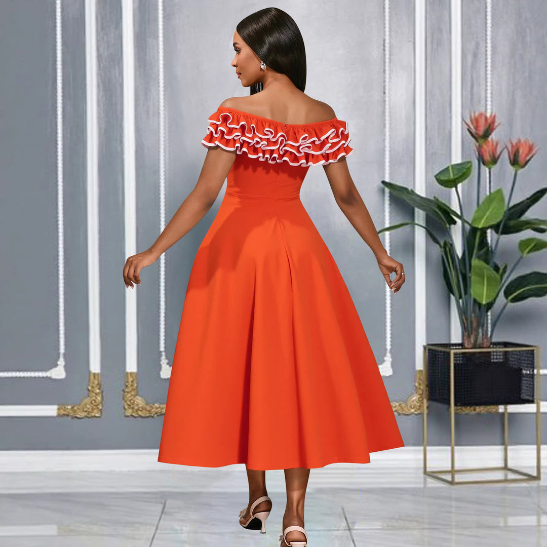 Damen A-Linien Abendkleid mit Off-Shoulder Rüsche Drune