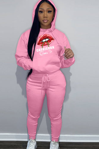 Damen Kapuzenpullover und Jogginghose Set mit auffälligem Lippenmotiv Drune