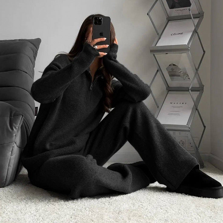 Damen nan geripptes Strick-Lounge-Set mit Halbzip-Pullover und hochgeschnittener Leggings Drune