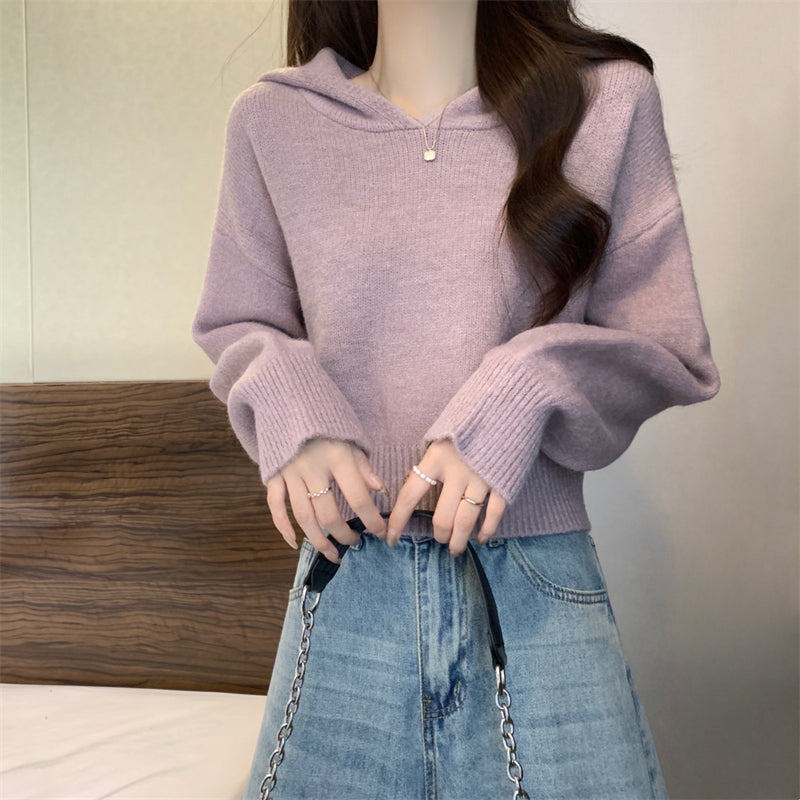 Damen lässiger Strickpullover mit Kapuze und lockeren Ärmeln Drune