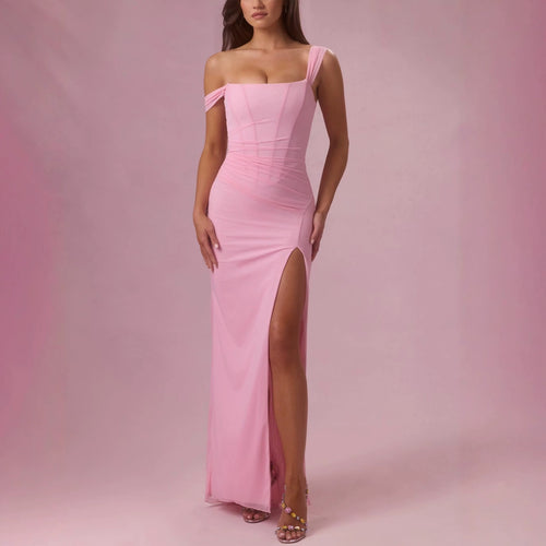 Damen Elegantes Maxikleid mit tiefem Schlitz und Rüschendetails Drune