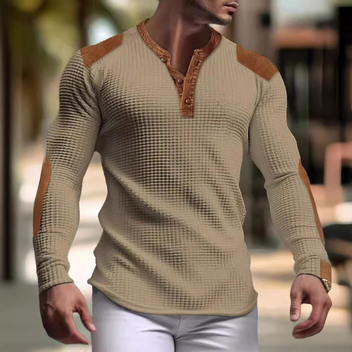 Herren Langarm-Henley-Shirt mit strukturiertem Gewebe und Kontrastdetails Drune