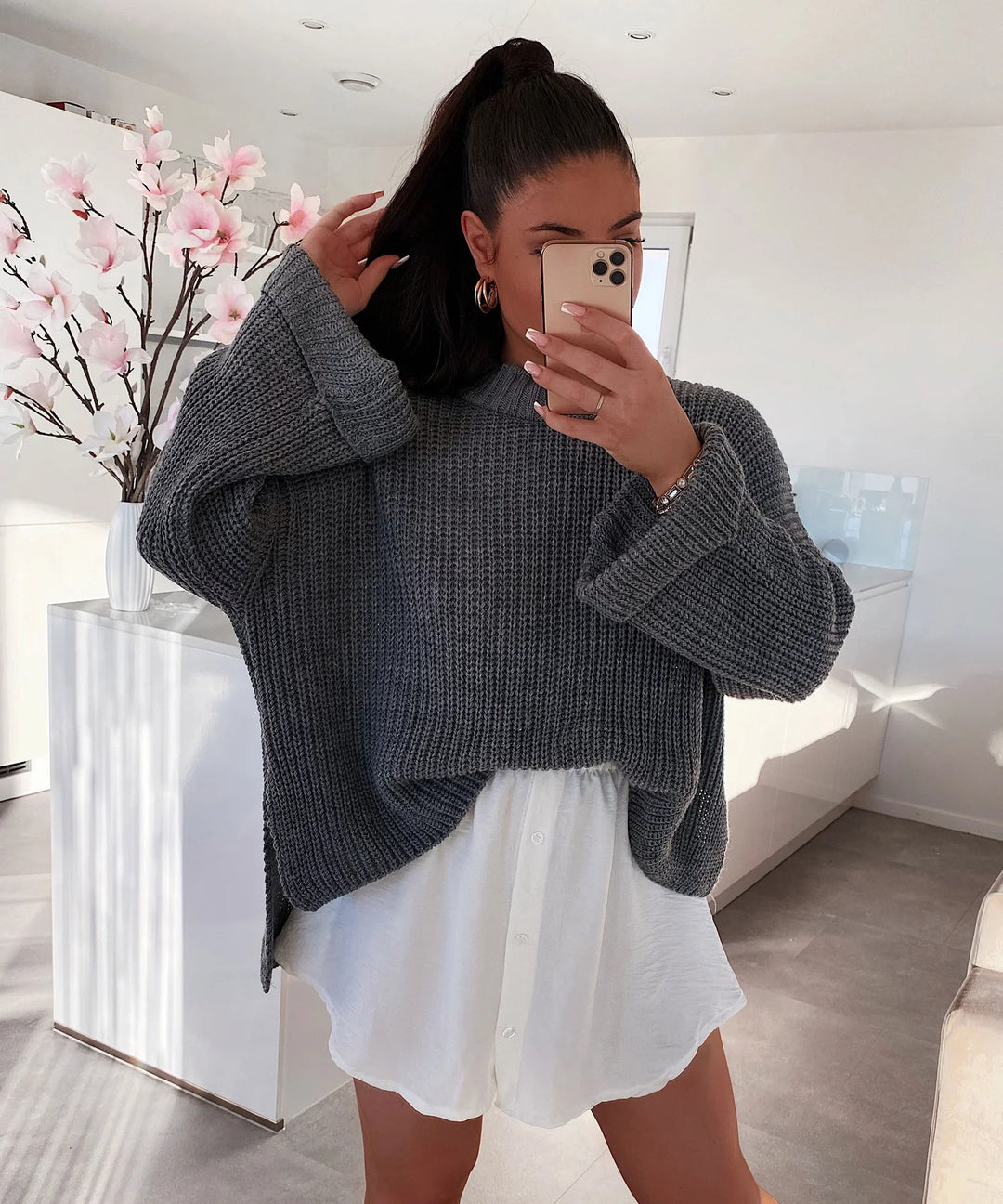 Damen lässiger Pullover mit strukturiertem Gewebe und weitem Schnitt Drune