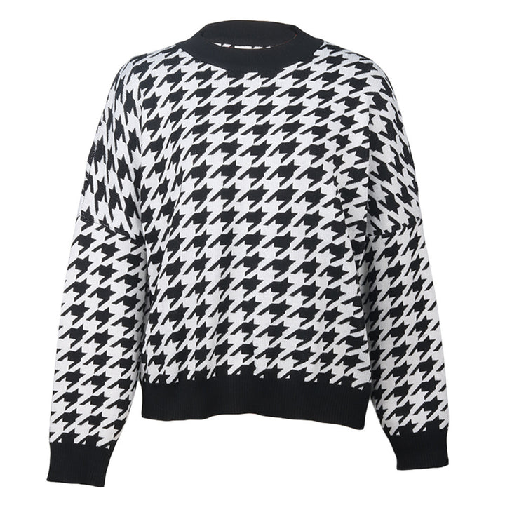 Damen gemütlicher Strickpullover mit modernem Hahnentrittmuster und weit geschnittenen Ärmeln Drune