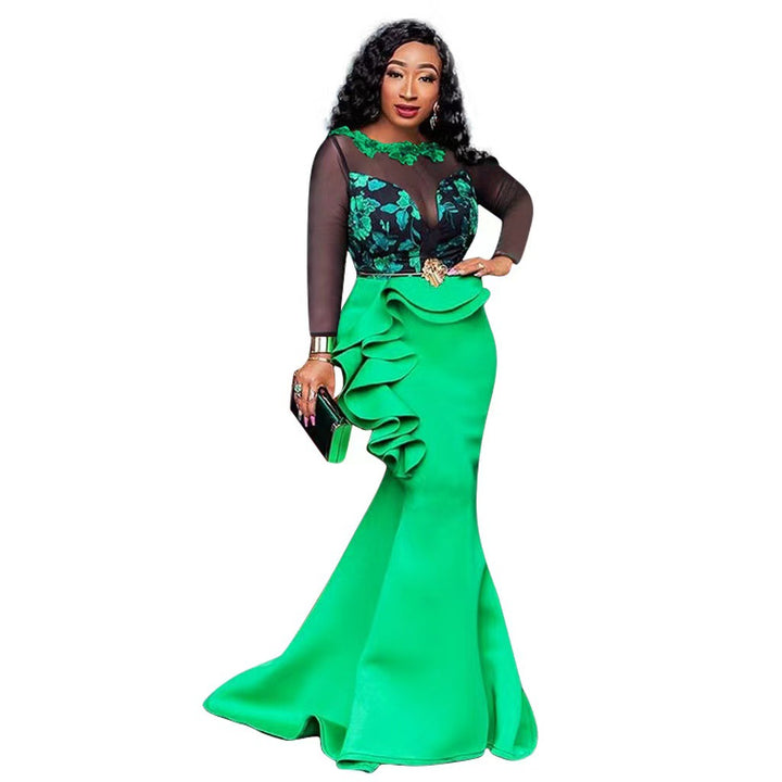 Damen Elegantes Abendkleid mit transparenten Ärmeln und Rüschendetail Drune