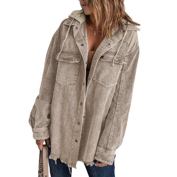 Drune | Damen Kapuzenjacke – Corduroy – Oversized Fit – Knopfverschluss – Ausfrans Saum Casual