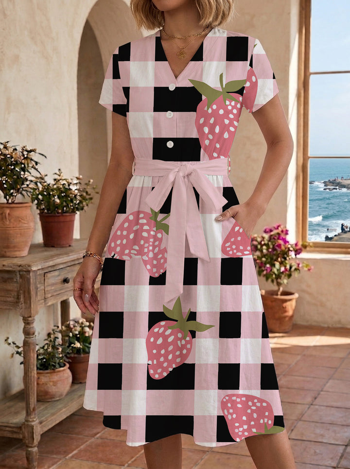 Damen Blühendes Midikleid mit taillierbarem Gürtel und kunstvollem Print Drune