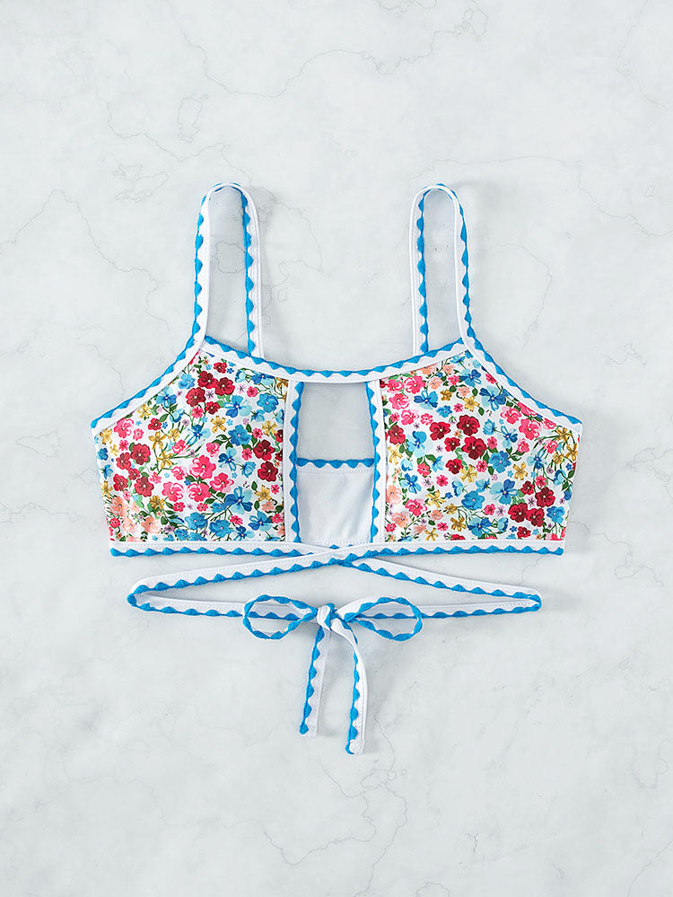 Damen Bikini-Oberteil mit floralem Design und verspielten Bindebändern Drune