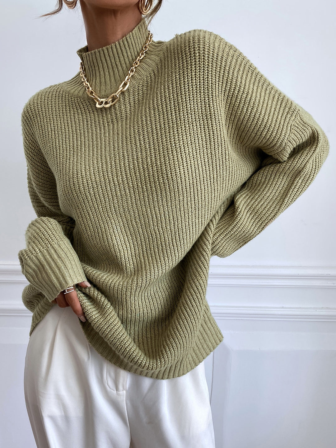Damen Grober Strickpullover mit Stehkragen und überschnittenen Schultern Drune
