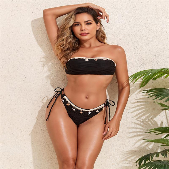 Damen Bandeau-Bikini mit eleganter Spitzenverzierung und verstellbaren Trägern Drune