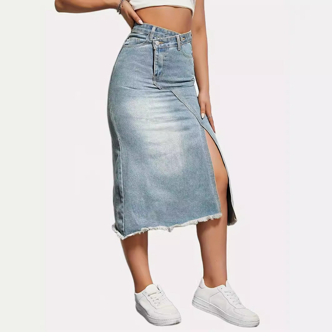 Damen Midi-Jeansrock mit hoher Taille und modischem Fransenabschluss Drune