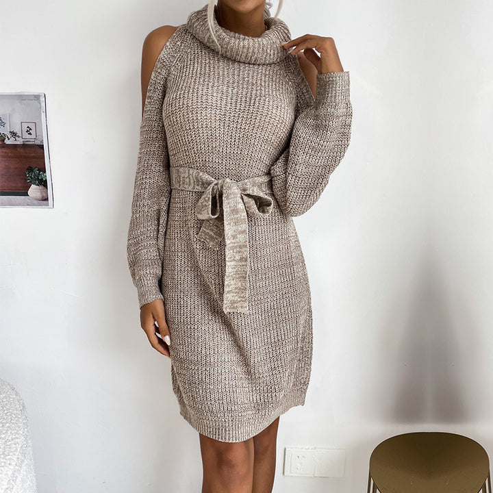 Damen Strickkleid mit offener Schulter und modischem Taillengürtel Drune