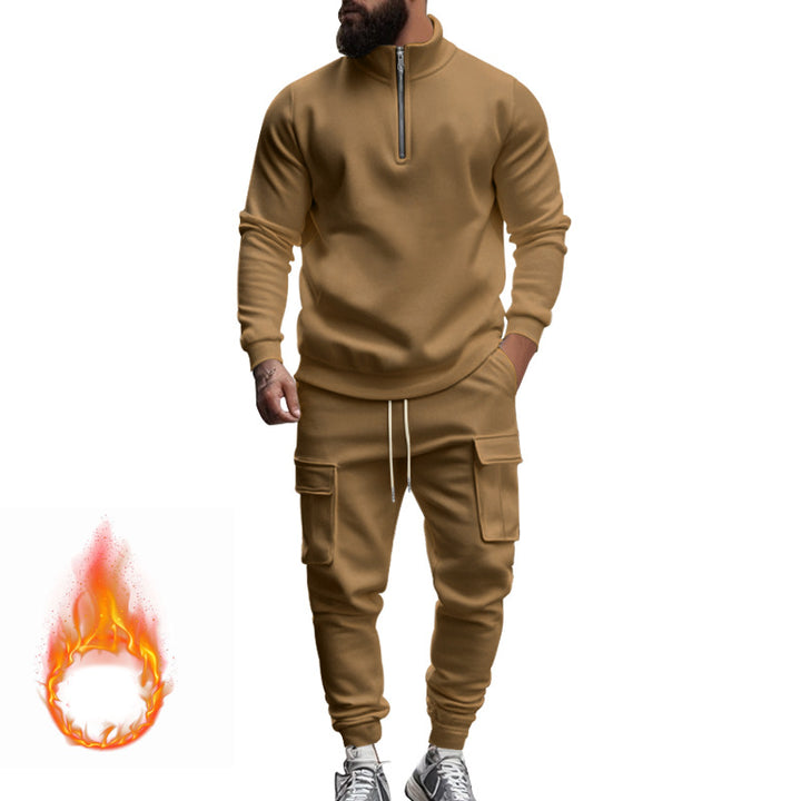 Herren nan sportives Cargo-Joggingset mit Halbzip-Stehkragen, wärmendem Fleece-Innenfutter und großzügigen Klapptaschen Drune
