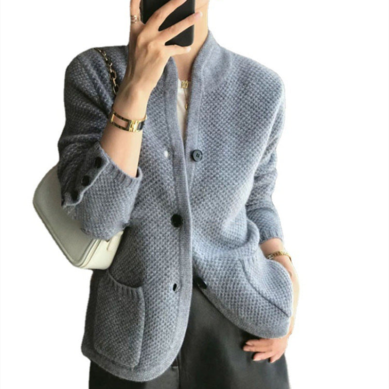 Damen modischer Strickblazer mit Taschen und Knopfverschluss Drune