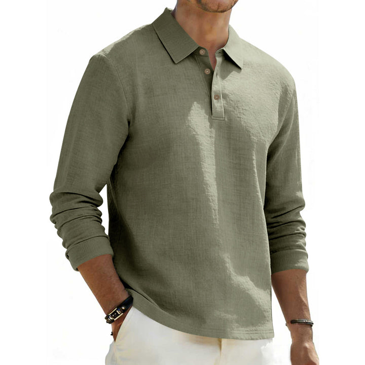 Herren nan Langarm-Poloshirt aus Leinen mit Henley-Knopfleiste und Kentkragen Drune