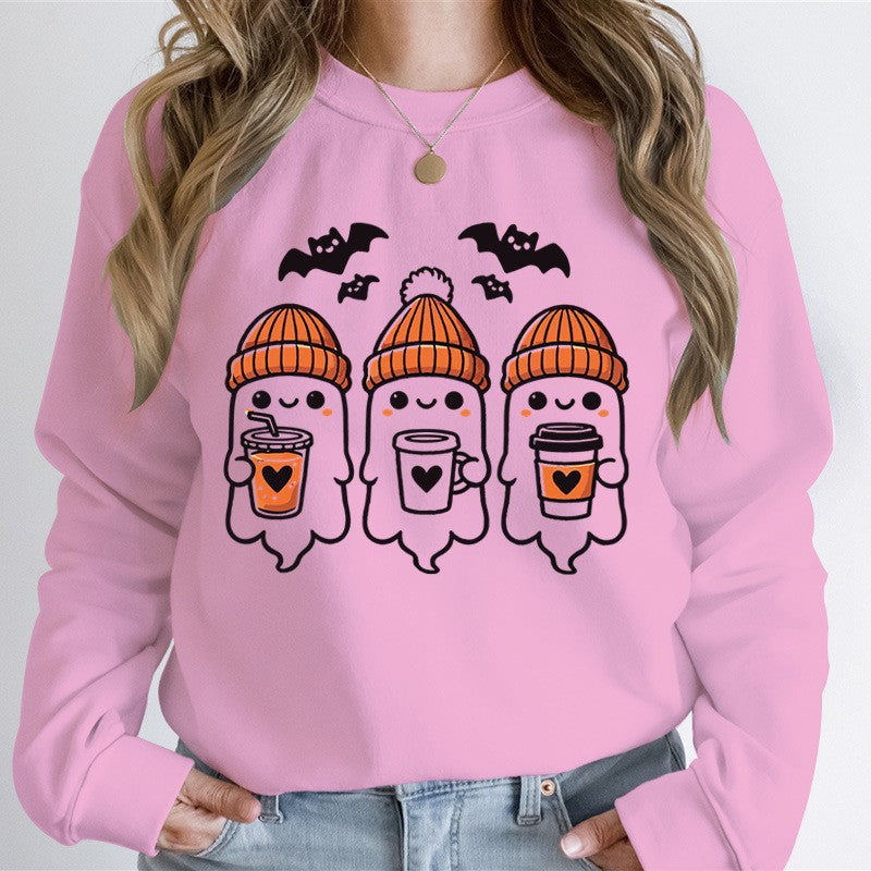 Damen nan gemütlicher Halloween Grafikpullover mit niedlichen Geist-Motiven, Rundhalsausschnitt und weichem Baumwollmix Drune