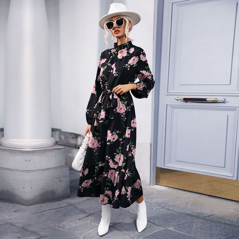 Damen Maxikleid mit floralen Rüschendetails und elegantem Bund Drune