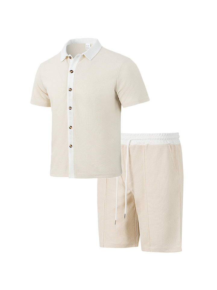 Herren nan modernes Freizeit-Set aus feinem Strukturjersey mit Hemdkragen-Knopfleiste und Kordel-Shorts Drune