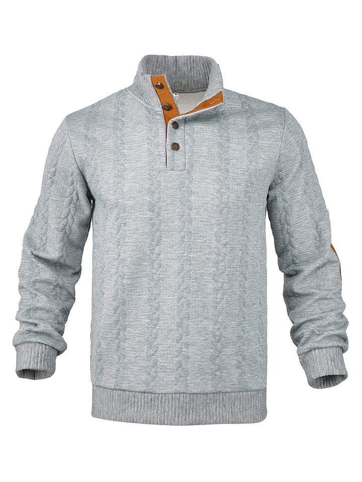 Herren nan Zopfmuster-Halbknopf-Pullover mit hohem Stehkragen und Wildleder-Ellbogenpatches Drune