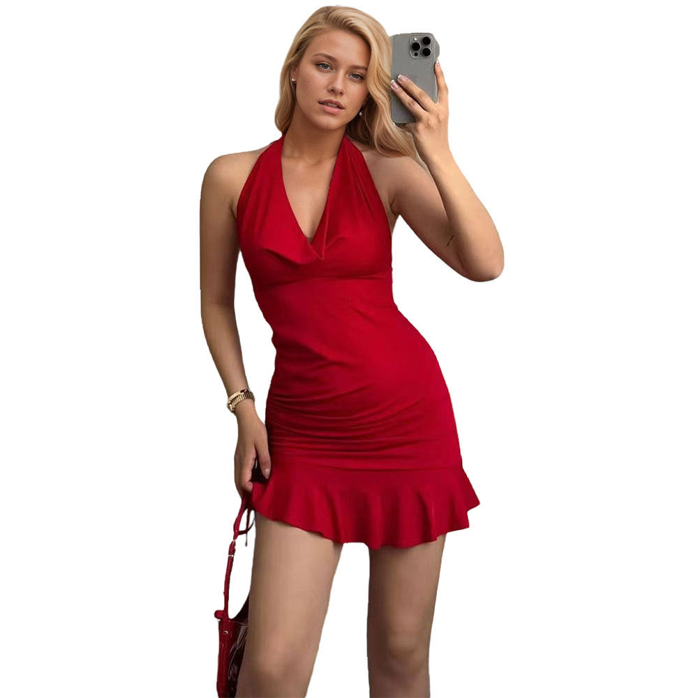 Damen Figurbetontes Minikleid mit Rüschendetail und elegantem V-Ausschnitt Drune