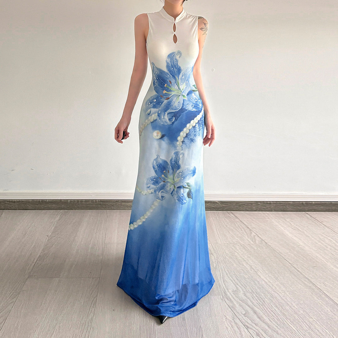 Damen Maxikleid mit floralem Druck und Perlenverzierungen Drune