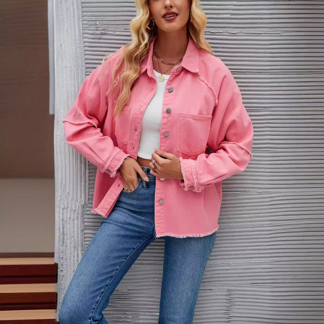 Damen lässige Oversized Jeansjacke mit fransigem Saum Drune