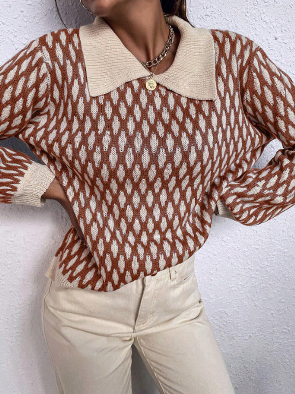 Damen Strickpullover mit modischem Kragen und einzigartigem Muster Drune