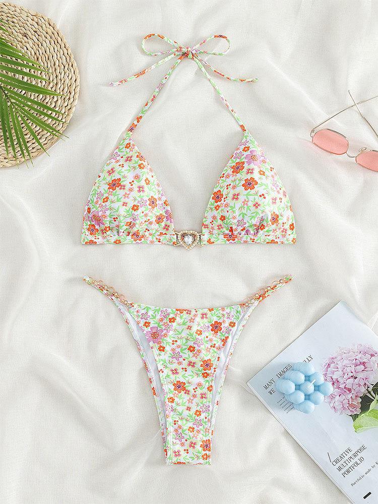 Damen Triangel-Bikini mit dekorativen Kettendetails und floralen Akzenten Drune